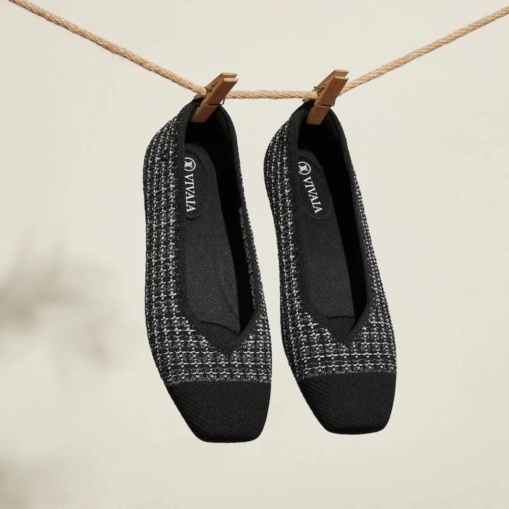 Black Tweed Knit Ballet Flats - Comfortable Women’s Shoes Size 10 (41.5)